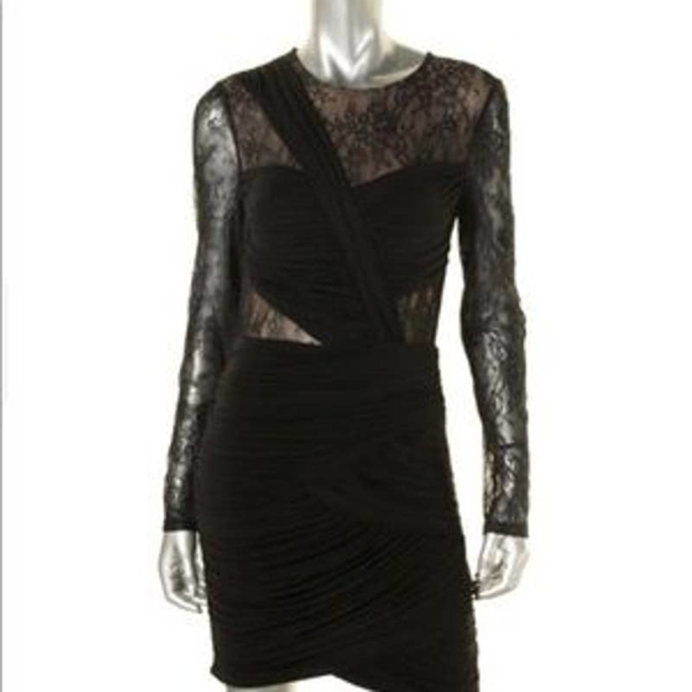 BCBGMaxazria Black Sheer Lace Mesh Ruched Dress - L